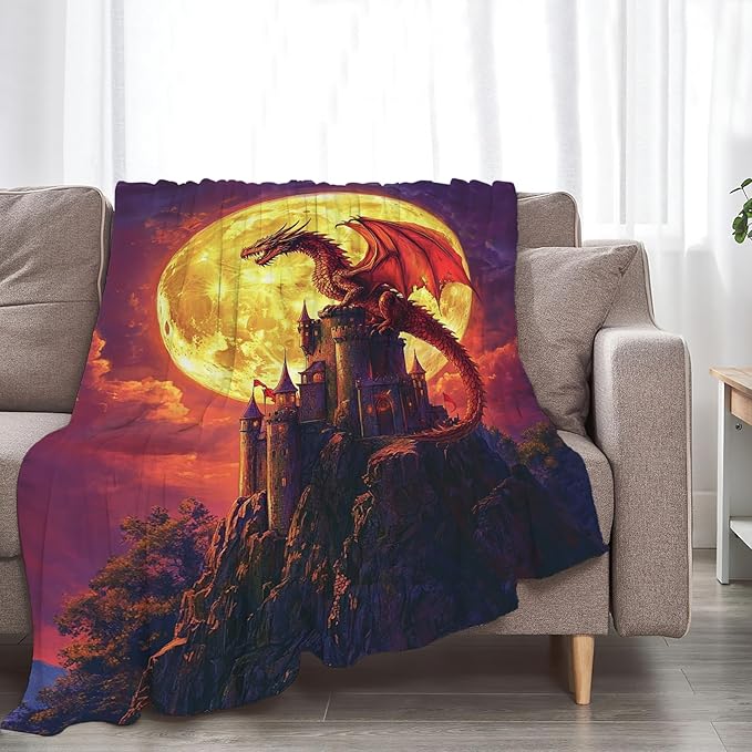 Dragon Blanket, Full Moon Throw Blankets, Dragons Space Fuzzy Plush Blanket Ultra Soft for Dragon Lover Gift Kids Teens Women Men Girls Boys Stuff Decor for Bedding Sofas Couch 50"X40"