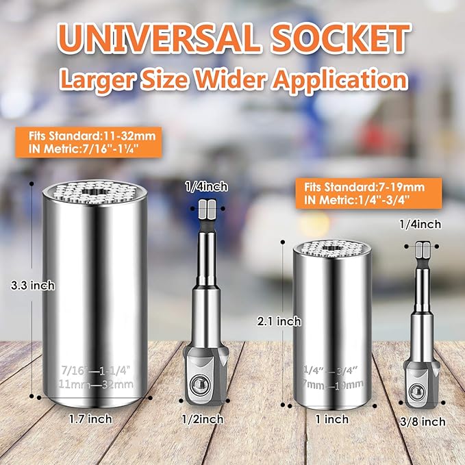 Universal Socket Wrench Set (11-32mm 7-19mm) Professional Sockets Tools Multi-function Wrench Repair Tool Kit with 3/8 inch Ratchet Wrench & Power Drill Adapter Chrome Vanadium Steel