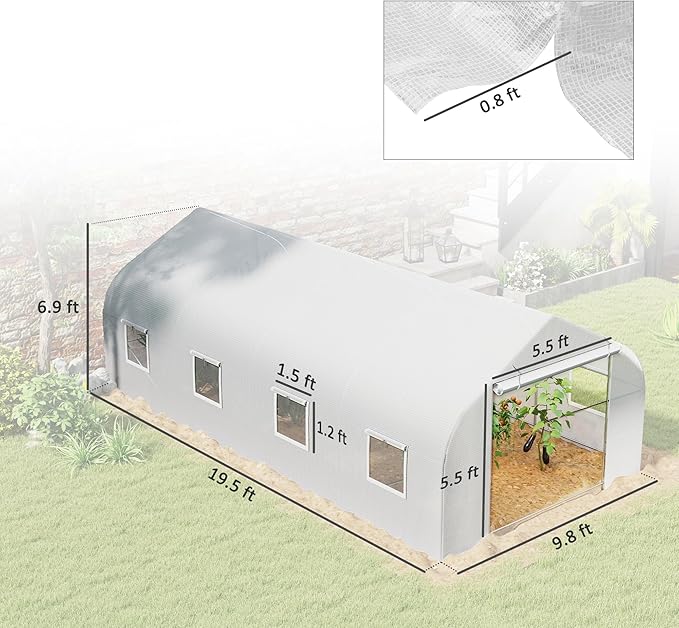 Outsunny 20' x 10' x 7' Outdoor Walk-in Greenhouse, Tunnel Green House with Roll-up Windows, Zippered Door, PE Cover, Heavy Duty Steel Frame, White