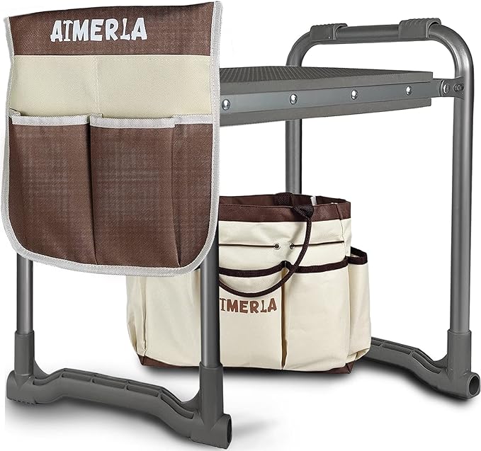 Aimerla Foldable Garden Kneeler Seat Heavy Duty [Upgraded Widened Thick Kneeling Pad] Garden Stool with Large Garden Tool Bags with Pockets - Portable Garden Bench Gardening Gifts for Parents