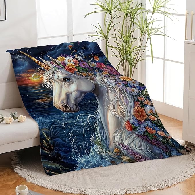 Unicorn Blanket, Ocean Unicorn Throw Blanket, Flower Gifts Blankets Stuff Fleece Flannel Plush for Girls Women Men Boys Lovers Adults Soft Bedding Gift for Sofa Bed Office Home Decor 60"x50"