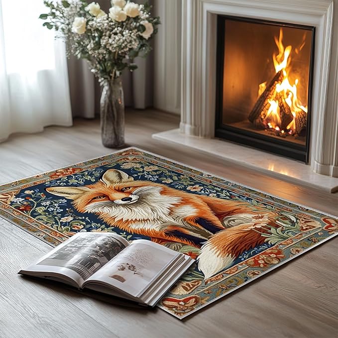 2x3 Fox Area Rugs Boho Floral Flower Rug for Bathroom Kitchen Entryway Indoor Soft Non-Slip Thin Hippie Carpet Small Doormat for Office Dining Room Under Table Washable Machine