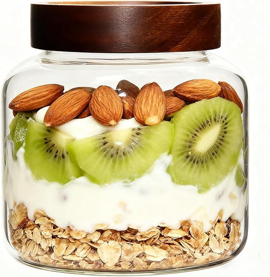 Glass Coffee Jars Spice Jar Round Storage Canister with Wooden Lid Clear Glass Food Jar for Pantry Sugar Tea Coffee Bean Spice Nuts Cookies Bath Salts (1200ml/40oz-1 Pack)