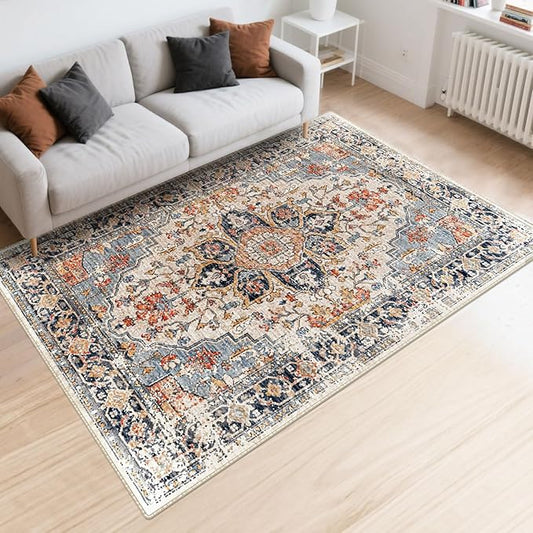 Area Rugs Washable Non-Slip, Floral Vintage Distress Print Pattern Medallion Carpet for Living Room Bedroom Dining Room, Beige Navy Blue Orange Colorful (Blue, 3' x 5')