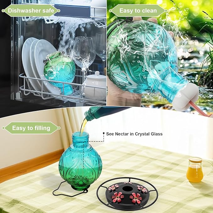 Glass Hummingbird Feeder for Outdoors Hanging, 25Oz Humming Bird Nectar Feeders with Perch & 5 Flower Feeding Ports, Leak Proof for Outside Garden Decor, Gifts for Women (Green & Blue)