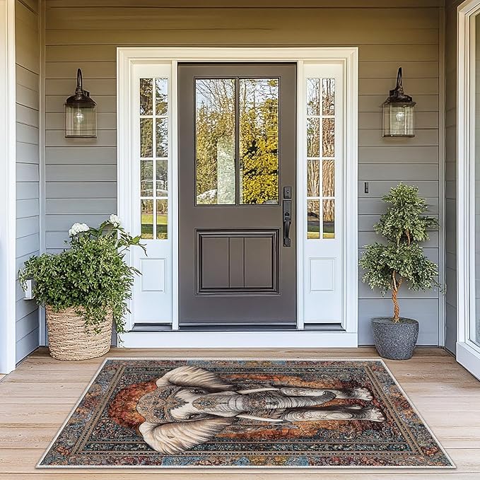 3x5 Elephant Area Rugs Boho Elephant Rug for Bathroom Kitchen Entryway Indoor Soft Non-Slip Thin Hippie Carpet Vintage Small Brown Doormat for Office Dining Room Under Table Washable Machine