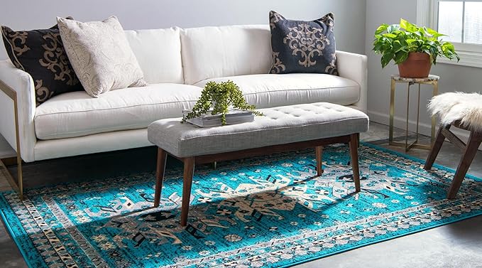 Unique Loom Taftan Collection Border Geometric Tribal Inspired Design Area Rug (8' 0 x 10' 0 Rectangular, Turquoise/ Gray)