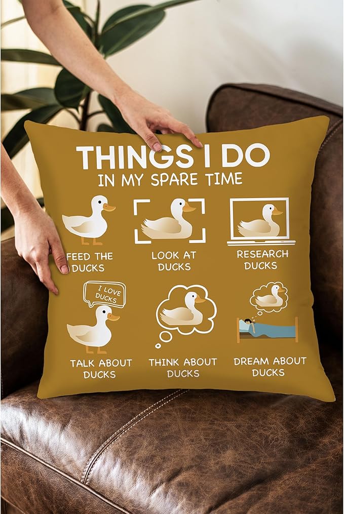 Funny Duck Throw Pillow Covers 18 x 18-Things I Do in My Spare Time Duck Decorative Pillow Covers,Funny Duck Gifts,Duck Gifts for Duck Lovers,Duck Themed Gifts for Women (Mustard Yellow)