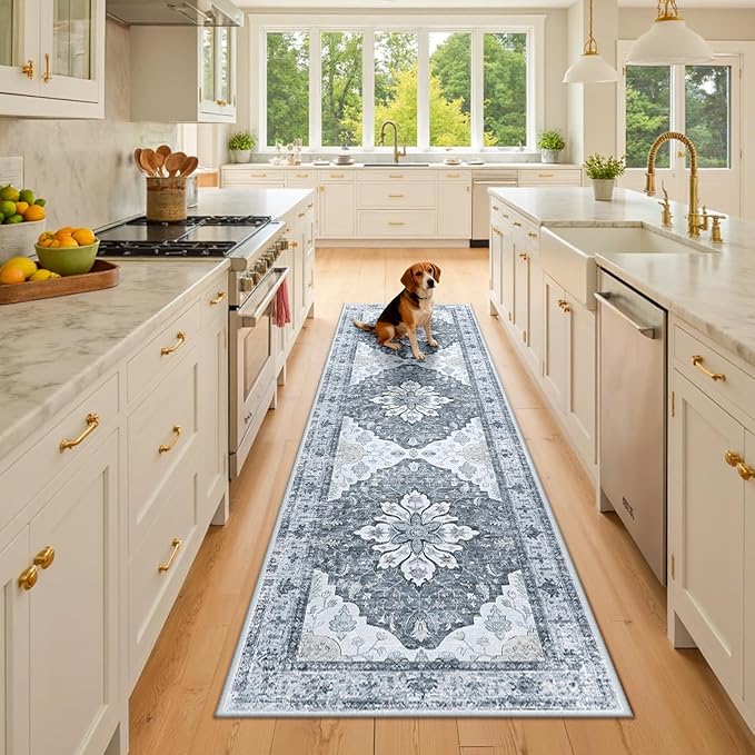 Area Rugs 2'6''x8' Washable Non-Slip, Floral Vintage Distress Print Pattern Medallion Carpet for Living Room Bedroom Dining Room, Light Gray Grey White