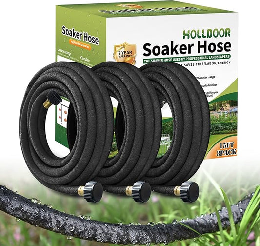 3 Pack Short Soaker Hose 15 Ft for Garden Beds, 1/2’’ 50 ft Soaker Hose for Foundation Watering, 70% Water Saving Drip Hose Irrigation for Lawn, Landscaping, Garden (15 FEET x 3PACK, Black)