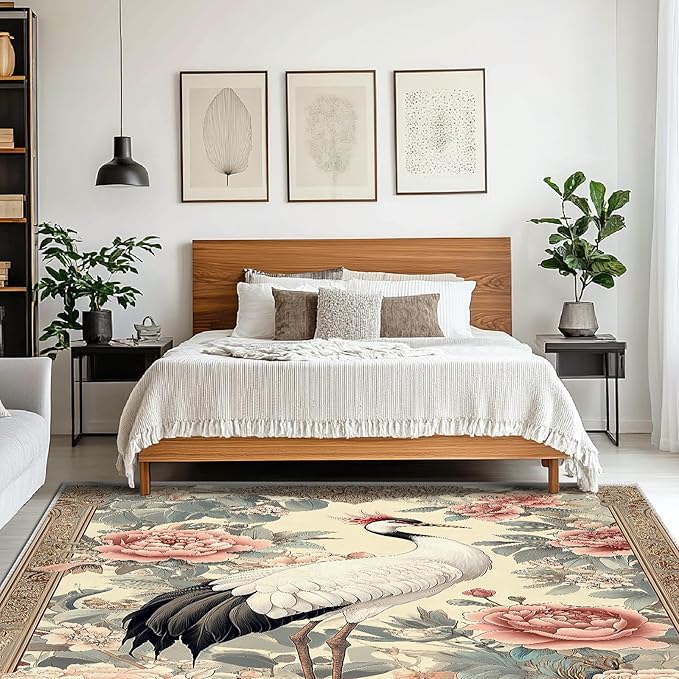 8x10 Crane Area Rugs Boho Japanese Crane Floral Rug for Living Room Indoor Soft Non-Slip Thin Large Carpet Beige Rugs for Bedroom Home Decor Under Table Washable Machine