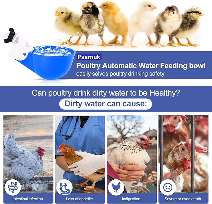 Chicken Waterer Cups (8 Pack/Blue) - DIY Automatic Large Chicken Water Feeder for Ducks,Chicks, Turkeys, Quail, Bunny, Bird and Other Various Poultry Dispenser with Matching Drill