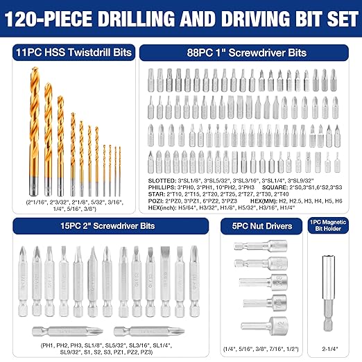 WORKPRO Drill Bit Set, 120-Pieces Impact Driver Bits Set and Screwdriver Bits Set for Screw Driving and Wood Metal Drilling with Storage Case, 1/4" Hex Shank
