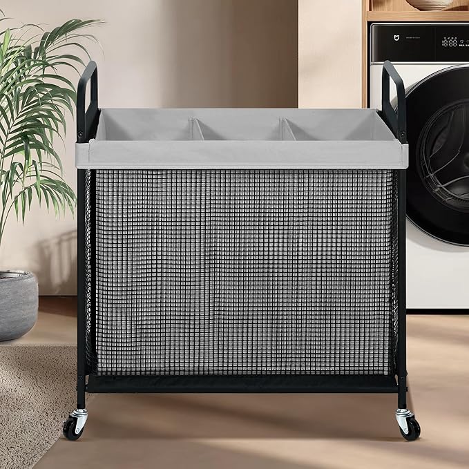 STO STO Laundry Hamper 3 Section, 120L Rolling Laundry Sorter Cart with Removable and Washable Liner Bag, Rolling Clothes Hamper with Metal Handle for Laundry Room and Bedroom, Gray