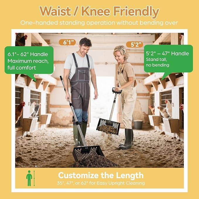 Chicken Poop Scooper for Sand 2-in-1, Heavy Duty Chicken Scooper for Poop with 35" to 65" Stainless Steel Handle, Chicken Coop Scooper Rake, Litter Scooper Sand Sifting Shovel for Chicken Coops & Pet