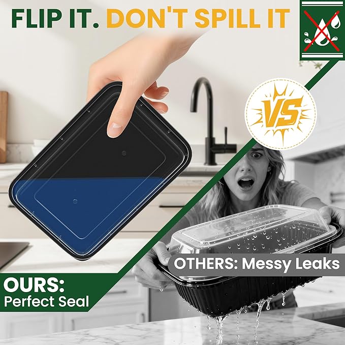 28oz Meal Prep Containers [50-Pack], Reusable Bento Box with Easy-Snap Leakproof Lids - Microwave, Dishwasher & Freezer Safe Food Storage, BPA-Free Plastic Lunch Containers (Black)