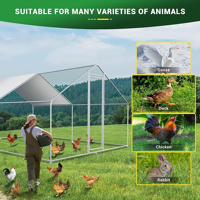 Chicken Coop Large Metal Chicken Coop for 15-20 Chickens with Waterproof and Anti-UV Cover,Premium Walk-in Poultry Cage for Chicken Run,Chicken House for Outdoor Farm Use(11.3'Lx9.8'Wx6.5'H)