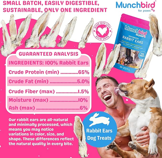 Munchbird Dehydrated Rabbit Ears for Dogs (4pcs) European Furry Rabbit Natural Fiber for Digestive Health