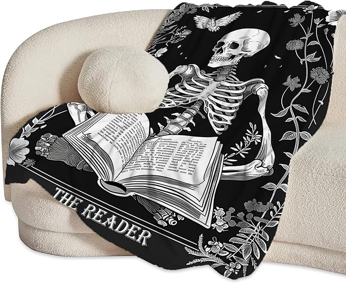 Reading Throw Blanket Ultra Soft Cozy Funny Skeleton Read Book Blanket Fleece Fuzzy Plush Skull Reading Lovers Reader Librarian Decor Gifts for Women Girls Adults Couch Sofa 80"x60"
