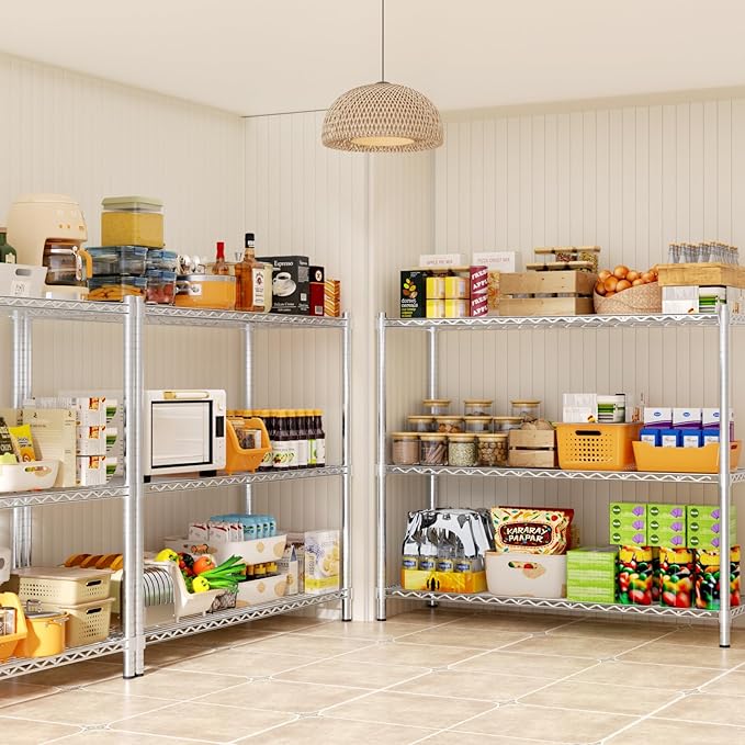 Storage Shelves, 4 PCS 48" L x 20" W x 47" H Heavy Duty Garage Wire Shelving Unit Loads 1200LBS, 3-Tier Adjustable Metal Industrial Utility Shelf Rack for Kitchen, Laundry Room, Basement