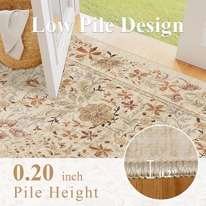 DUKINO 6x9 Rugs for Living Room, Vintage Washable Rug with Non Slip Backing, Floral Low Pile & Non-Shedding Large Area Carpets for Bedroom, Dining Room, Farmhouse, Home Office, Beige