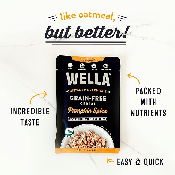 Wella Cereal Oatmeal Alternative, Gluten-Free Breakfast Hot Cereal, Grain-Free Paleo Organic Vegan High Protein Superfood, Plant-Based Non-GMO, Low in Net Carbs, Single-Serve Packets, Pumpkin Spice Flavor (10 Count, 1.6 oz. Packets)