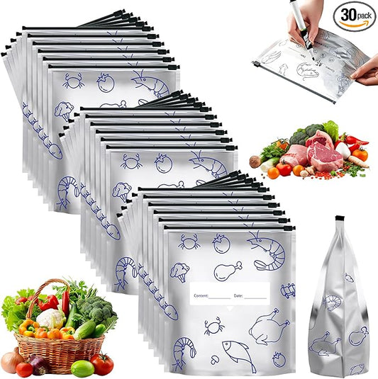 Reusable Aluminum Foil Sealable Storage Bags, 2026 New Resealable Vacuum Zipper Pouches for Food, Stand Up Foil Sealable Bags with Label and Zip Lock for Fruit Vegetable (30, Large)