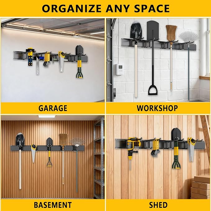 Garage Tool Organizer Wall Mount, 32inch Heavy-Duty Garage Storage System and Garden Tool Organizer with 4 Adjustable Hooks for Shovel, Snowboard, Yard Tools and Shed