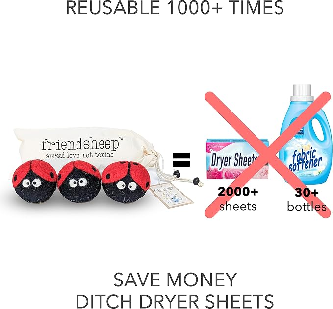 Friendsheep Wool Dryer Balls, Organic Reusable Fabric Softener Alternative for Laundry, Handmade, Fair Trade, Hypoallergenic, Eco-Friendly, Plastic-Free (3 Pack XL – Ladybug)