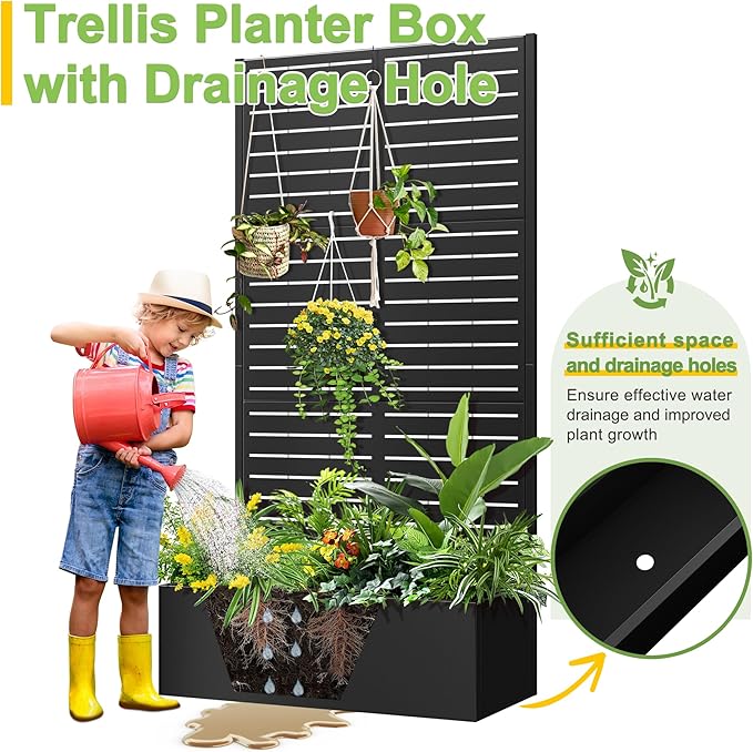 FENCY Metal Raised Garden Bed with Trellis, Metal Planter Box with Trellis, Garden Box for Climbing Plants Vegetable, 35" Lx16 Wx71 H Garden Bed with Drainage Holes(Black-Louvered)