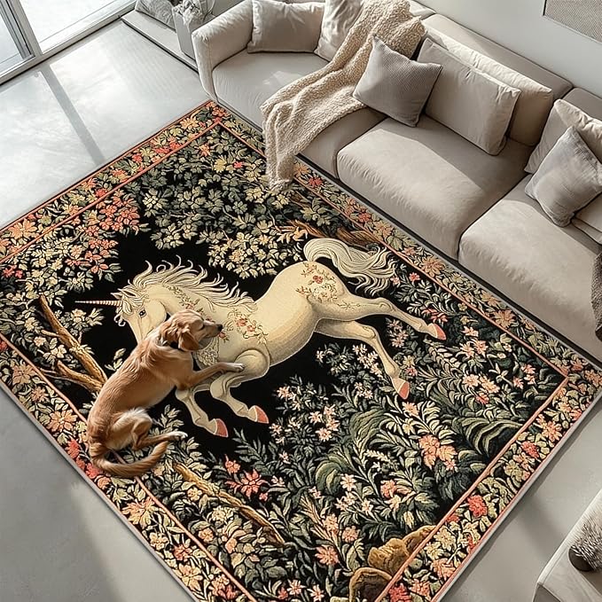 6x9 Unicorn Area Rugs Boho Floral Botanical Rug for Living Room Indoor Soft Non-Slip Thin Vintage Large Carpet Black Rugs for Bedroom Home Decor Under Table Washable Machine
