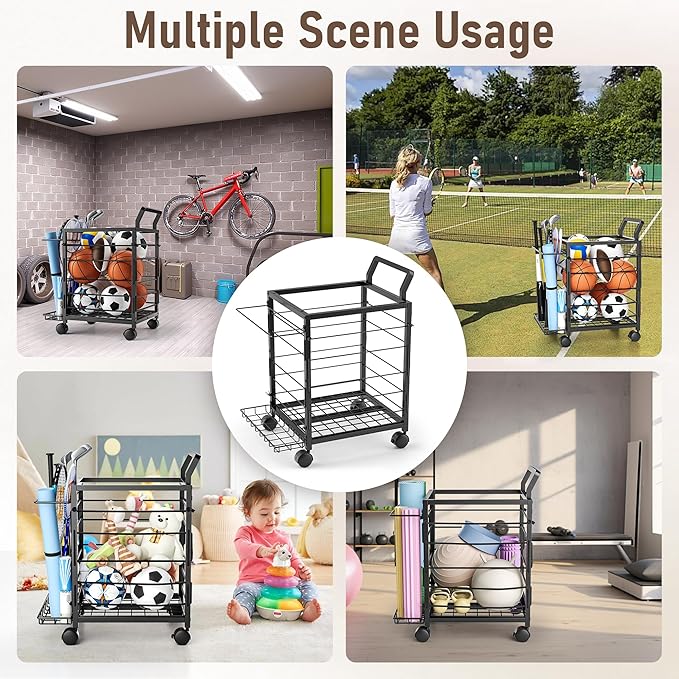 Sports Equipment Garage Organizer,Garage Ball Storage Rack for Sports with Wheels-Upgraded 3 Layers Organizer Rack Outdoor Basketball Racks for Balls with Holder and Hooks (Dark Black)