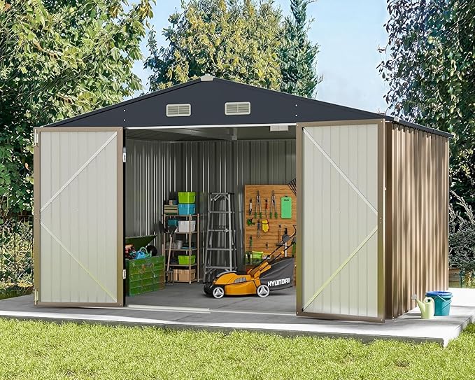 Greesum 10x8FT Outdoor Storage Shed, Utility Tool Shed with Sloping Roof, Metal Storaged Garden Shed with Door & Lock for Patio Storage, Brown