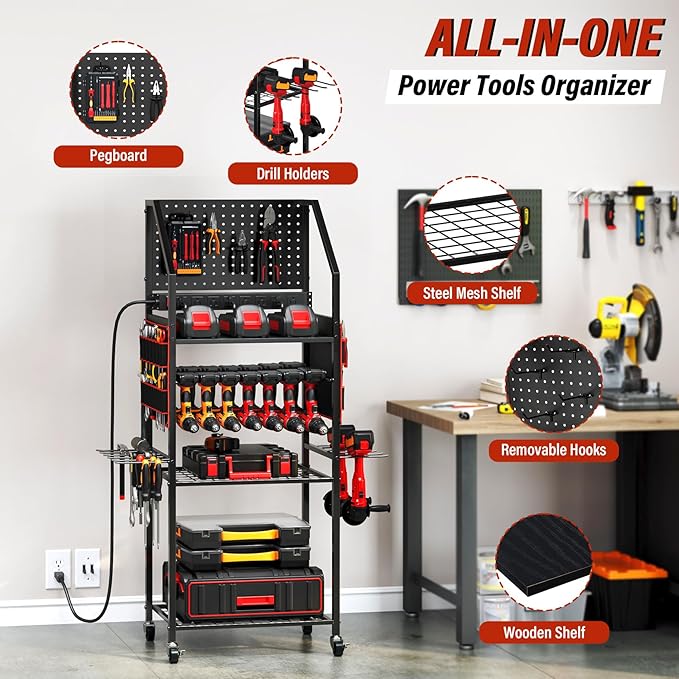 TC-HOMENY Power Tool Organizer Cart with 8 Outlets Charging Power Station, 24 Large Drill Tool Storage Racks with Wheels for Garage, Heavy Duty Tools Organizer Station, Festival Gifts for Men Dads