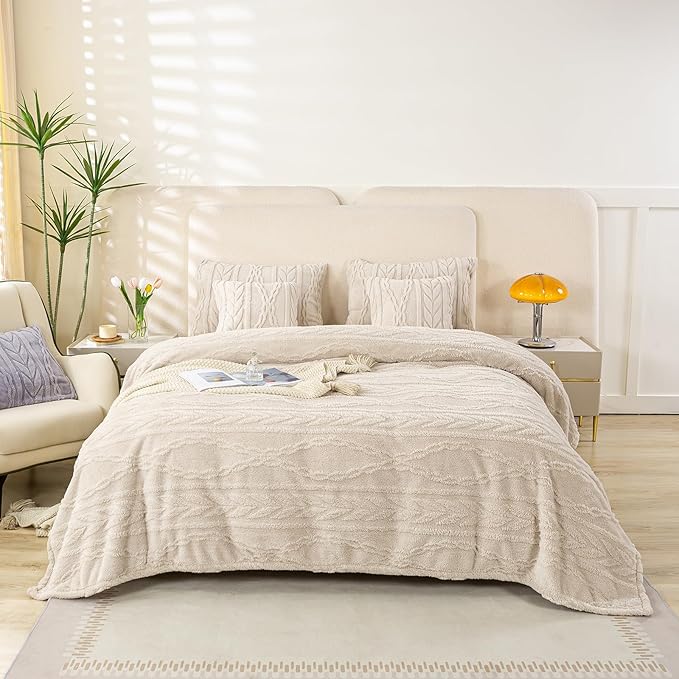 YUSOKI Sherpa Queen Size Blanket(Without Pillows)-3D Stylish Design Super Soft Blankets for Teen Girls Women Couch Bed Sofa Chair Men Boys Gift(Linen,90"x90")