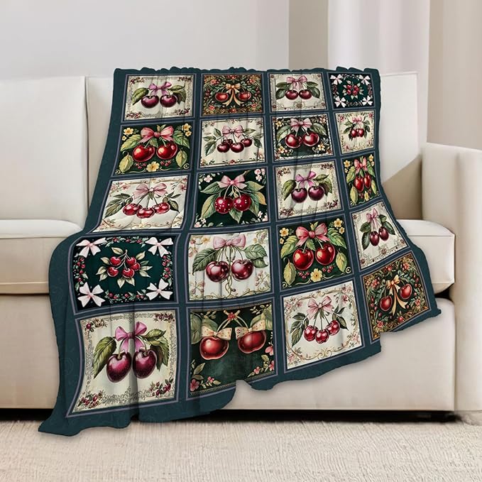 Cherry Blanket, Cherries Bow Throw Blanket, Preppy Gifts Blankets Stuff Fleece Flannel Plush for Girls Women Men Boys Lovers Adults Soft Bedding Gift for Sofa Bed Office Home Decor 60"x50"