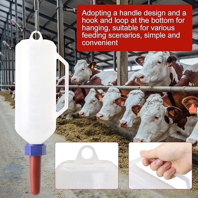 1 Quart Calf Milk Feeder Bottle Screw-On Calf Nursing Set of Bottle with Nipple & Cap，Calf Bottle Milking Feeding Livestock Tools with Replacement Nipple (1000ml Bottle with Handle)
