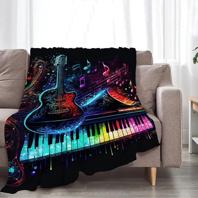 Colorful Guitar Blanket Ultra Soft Cozy Music Note Piano Throw Blanket Fleece Fuzzy Plush Bedding Rock Musical Instrument Gifts for Women Girls Kids Adults 80"x60"