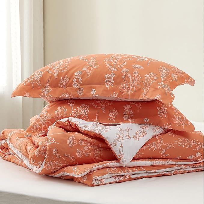 Bedsure Twin/Twin XL Comforter Set - Coral Orange Bed Set, 2 Pieces Cute Floral Bedding, 1 Soft Reversible Botanical Flowers Comforter and 1 Pillow Sham