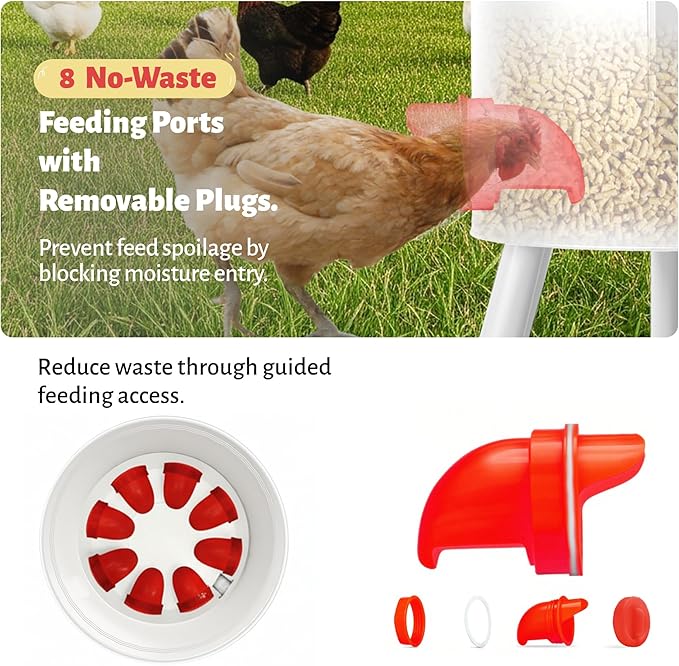 KOL 50 LB Large Free Standing Chicken Feeder, Portable Gravity Chicken Feeder Automatic, Dispenser, 8 Feeding Ports Poultry Feeder for Chicken Rooster & Hen (Jade White)