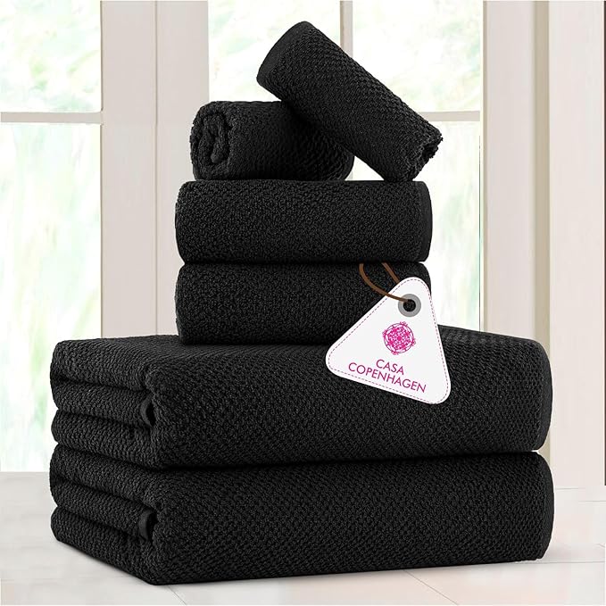 CASA COPENHAGEN Popcorn Textured 6 Piece Towel Set- Black, 550 GSM 2 Bath Towel 2 Hand Towel 2 Washcloth, Rough & Tough Use Cotton Towels Gift Set for Bathroom