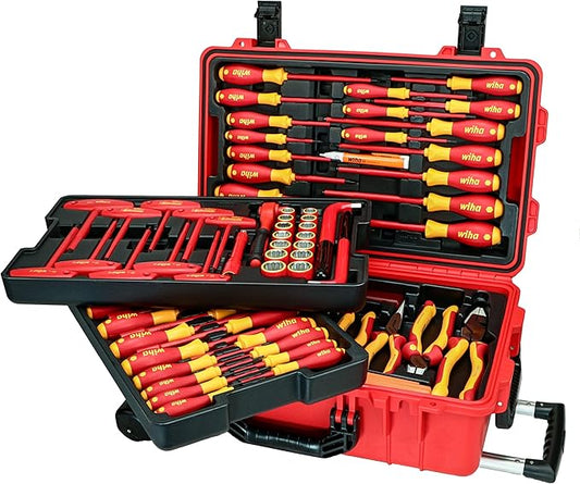 Wiha 32800 Insulated Tool Set with Screwdrivers, Nut Drivers, Pliers, Cutters, Ruler, Knife and Sockets in Rolling Tool Case, 10,000 Volt Tested and 1000 Volt Rated, 80-Piece Set