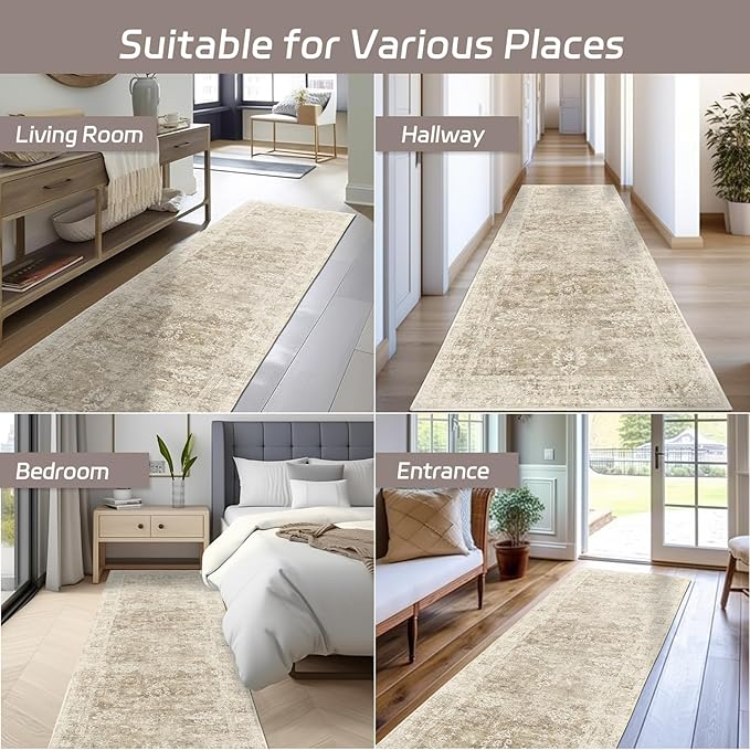 Madane Rug Runner for Hallways 2'6''x8, Washable Kitchen Runner Rugs with Non Slip Backing, Soft Floral Print Carpet Runners for Laundry Room, Bedroom, Brown/Sand