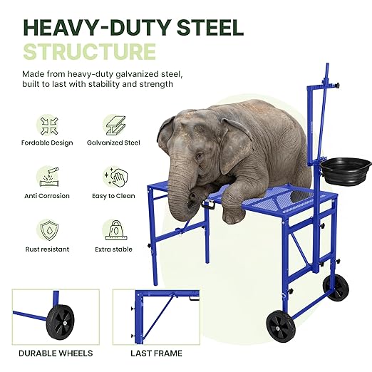 Goat Stand with Adjustable Headpiece & Legs, Goat Milking Stand with Feeder, Rails & Wheels, Stanchion for Grooming & Hoof Trimming, Sheep Stand for Shearing Heavy-Duty Steel Platform, Blue