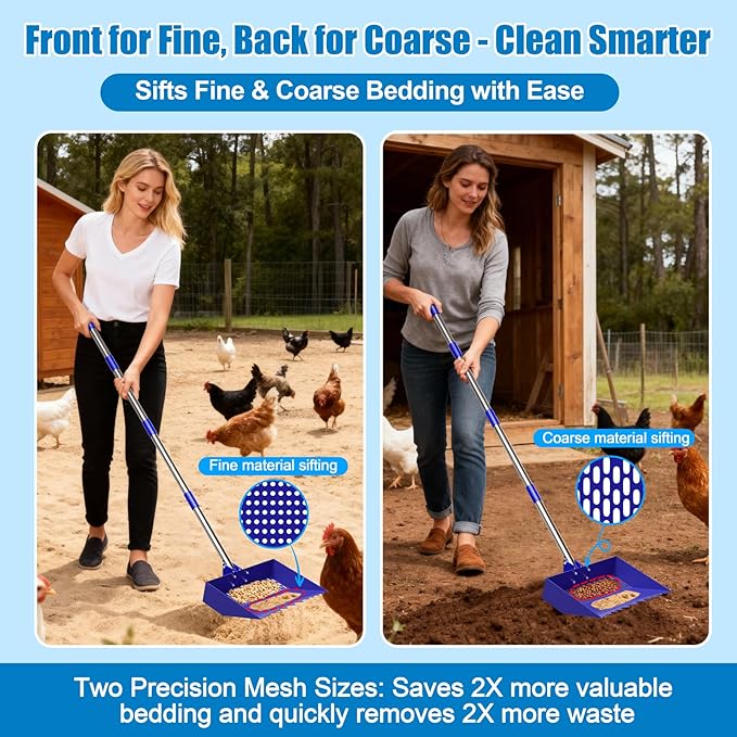12-Inch 2-in-1 Chicken Poop Scooper & Rake, Chicken Coop Scoop with Adjustable Stainless Steel Handle （24–64"）, 3 Angles & 2 Sifting Holes, Litter Scoop Sand Sifting Shovel Pooper Scooper (Blue)