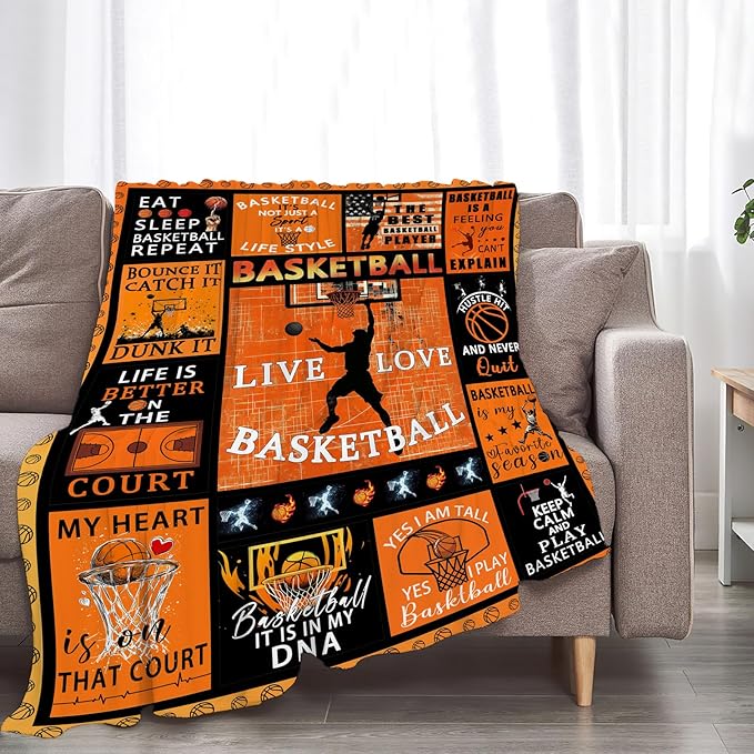 Basketball Blanket Gifts for Boys Girls Soft Warm Plush Basketball Sports Throw Blanket Flannel Fleece Fuzzy Sport Blanket for Kids Lovers Bed Couch Living Room Decor 60"X50"