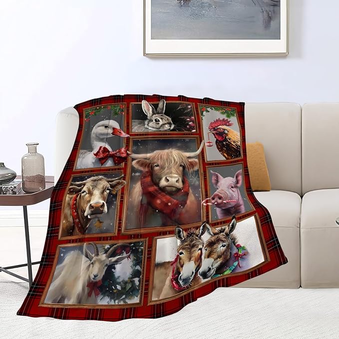 Christmas Blanket Highland Cow Farm Animal Throw Blanket Ultra Soft Cozy Fleece Goat Chicken Goose Duck Pig Donkey Gift Fuzzy Plush Bedding Blankets for Kids Adult Girls Boys Women Men 80"x60"