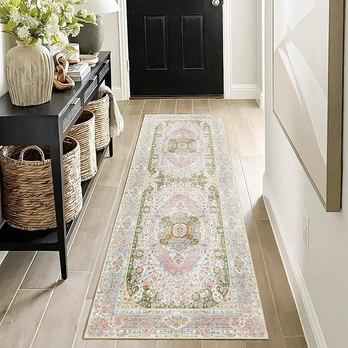 Washable Runner Rug 2x6,Pink Rug Runners Non Slip,Long Boho Rugs for Hallways Kitchen Bedroom Entryway Living Room Bathroom,Vintage Bohemian Distressed Floor Carpet,Blush Green
