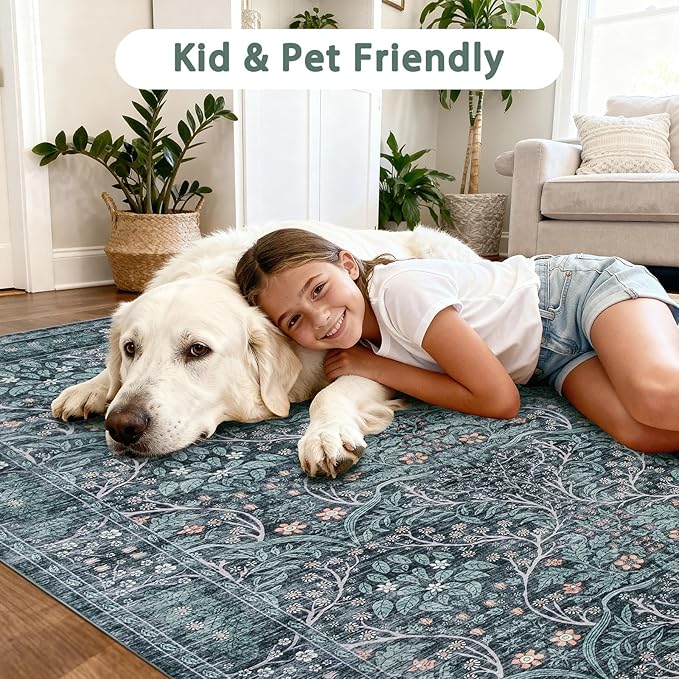 Retro Green Area Rug 6x9 Machine Washable Rug for Living Room,Entryway Bedroom Farmhouse Nursery Home Office，Low Pile Stain & Slip Resistant Large Dark Green Carpet for Bedroom