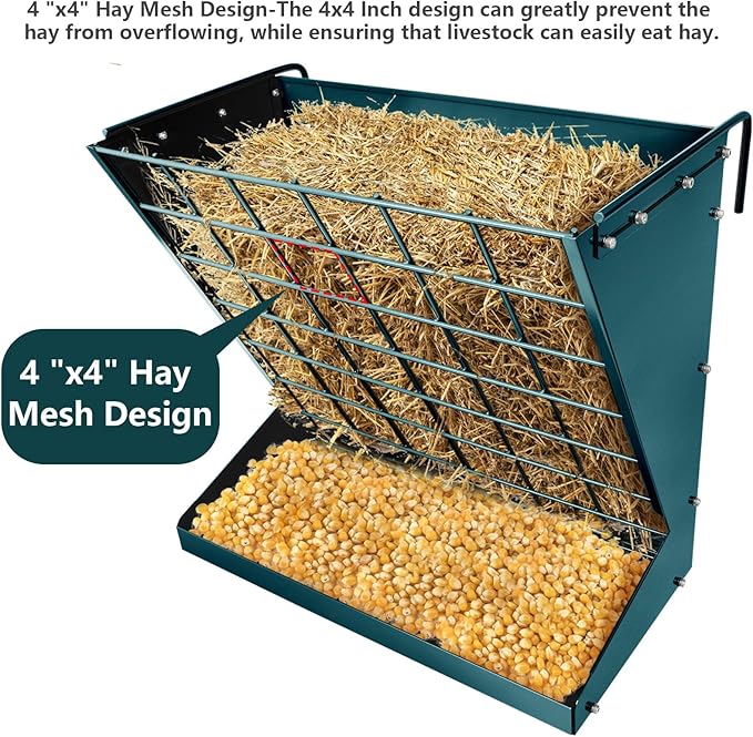 Wall Mount Hay Rack, Heavy-Duty Galvanized Metal 2 in 1 Hay and Grain Feeder, Livestock Feeder with Adjustable Distance, Hay Feeder for Goats, Sheep, Horse